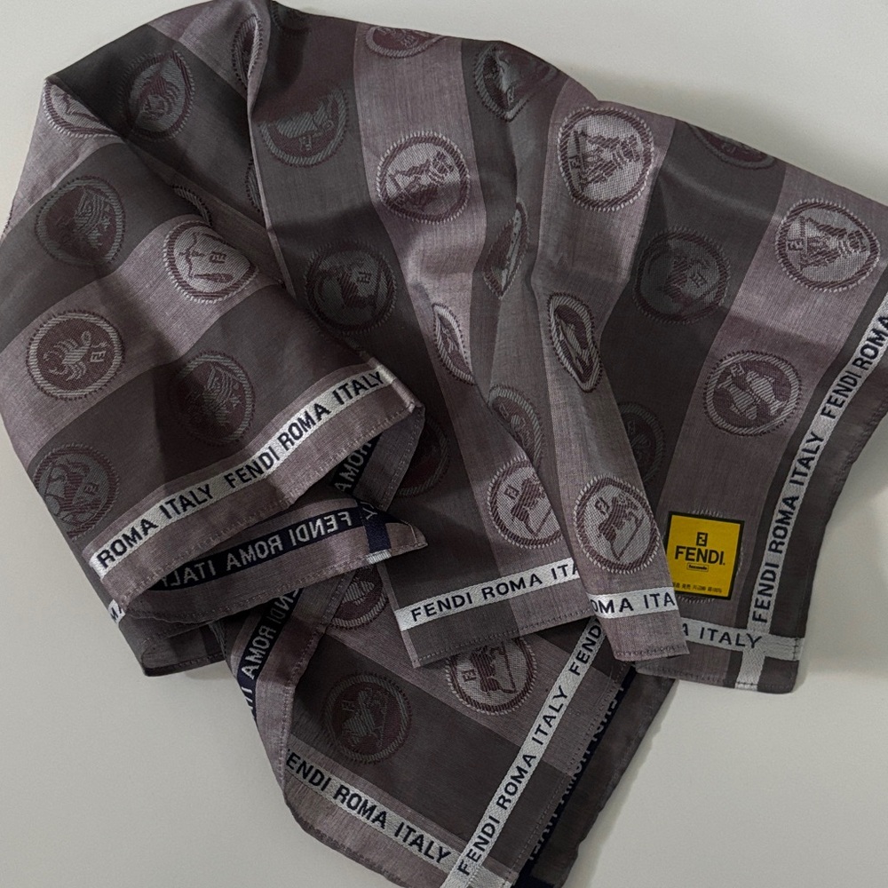 Fendi Roma Italy Zodiac Scarf Handkerchief Pocket Square gray black stripes 18” - Picture 5 of 14